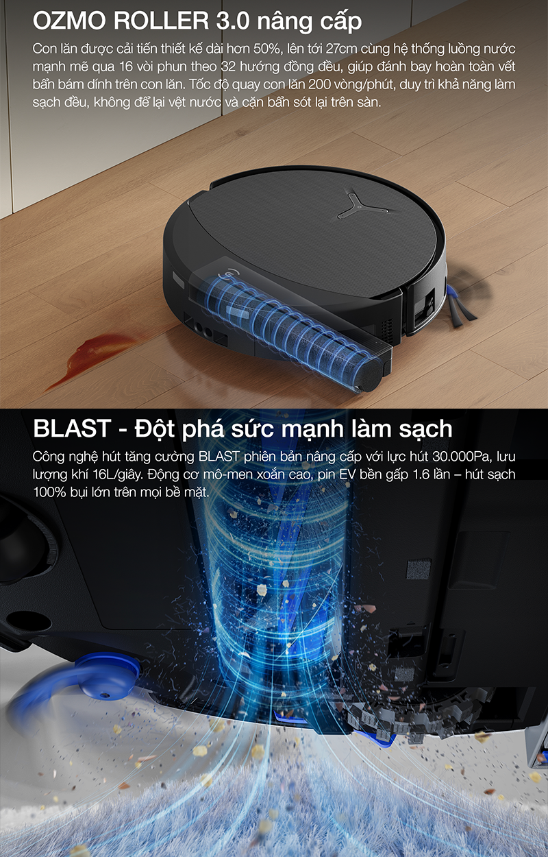 Làm sạch tự động với bộ đôi con lăn OZMO ROLLER 3.0 và công nghệ hút tăng cường BLAST